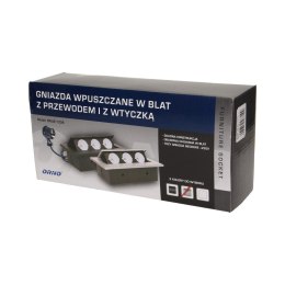 GNIAZDO MEBLOWE W PUSZCZANE W BLAT Z GRUBYM RANTEM 3x2P+Z,  PRZEWÓD 1,5M 3x1,5MM?, SREBRNE