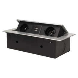 GNIAZDO MEBLOWE W PUSZCZANE W BLAT Z  PŁASKIM FREZOWANYM RANTEM I ŁADOWARKĄ USB, 2x2P+Z, 2xUSB, SREBRNY
