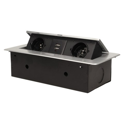 GNIAZDO MEBLOWE W PUSZCZANE W BLAT Z PŁASKIM FREZOWANYM RANTEM I ŁADOWARKĄ USB, 2x2P+Z, 2xUSB, SREBRNY GNIAZDO MEBLOWE W PUSZCZANE W BLAT Z PŁASKIM FREZOWANYM RANTEM I ŁADOWARKĄ USB, 2x2P+Z, 2xUSB, SREBRNY