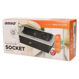 GNIAZDO MEBLOWE W PUSZCZANE W BLAT Z  PŁASKIM FREZOWANYM RANTEM I ŁADOWARKĄ USB, 2x2P+Z, 2xUSB, SREBRNY