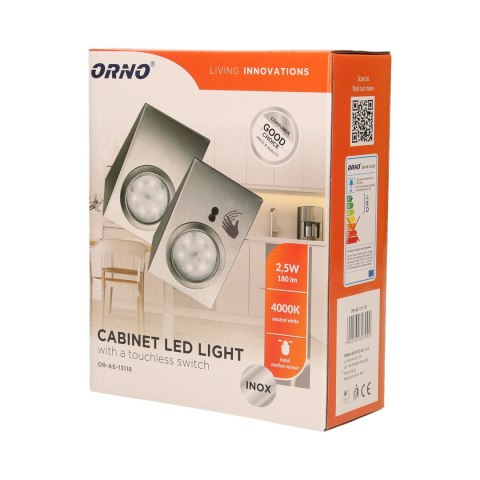 ZESTAW O PRAW PODSZAFKOWYCH LED 2,5W, 180LM, 4000K, Z WYŁĄCZNIKIEM BEZDOTYKOWYM, INOX ZESTAW O PRAW PODSZAFKOWYCH LED 2,5W, 180LM, 4000K, Z WYŁĄCZNIKIEM BEZDOTYKOWYM, INOX
