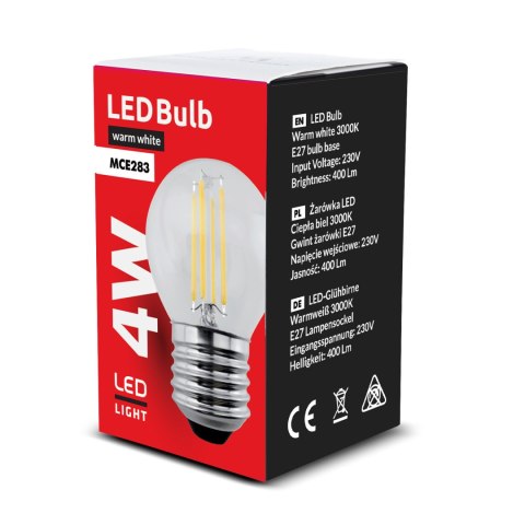 ŻARÓWKA MACLEAN, FILAMENTOWA LED E27, 4W, 230V, WW CIE PŁA BIAŁA 3000K, 400LM, RETRO EDISON OZDOBNA G45, MCE283 ŻARÓWKA MACLEAN, FILAMENTOWA LED E27, 4W, 230V, WW CIE PŁA BIAŁA 3000K, 400LM, RETRO EDISON OZDOBNA G45, MCE283