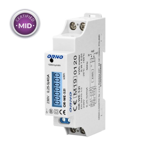 1-FAZOWY LICZNIK ENERGII ELEKTRYCZNEJ, 40A, MID, WYJŚCIE IM PULSOWE, PODŚWIETLENIE, 1 MODUŁ, DIN TH-35MM 1-FAZOWY LICZNIK ENERGII ELEKTRYCZNEJ, 40A, MID, WYJŚCIE IM PULSOWE, PODŚWIETLENIE, 1 MODUŁ, DIN TH-35MM