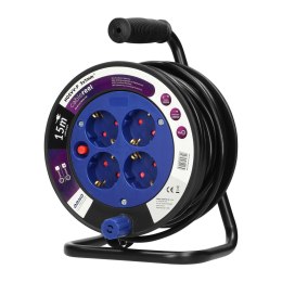 PRZEDŁUŻACZ BĘBNOWY MINI, 4 GNIAZDA 2P+Z (SCHUKO), METALOWY STOJAK,  POLWINIT H05VV-F 3x1MM? - 15M