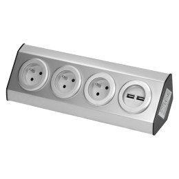 GNIAZDO MEBLOWE, KUCHENNE MONTOWANE NA RZE PY, Z ŁADOWARKĄ USB - 3x2P+Z, 2xUSB, INOX.