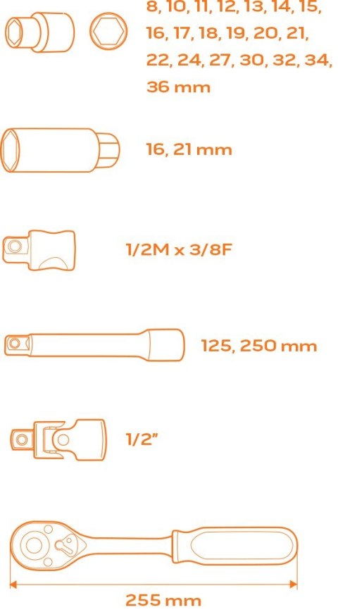 KLUCZE NASADOWE 1/2", ZESTAW 27 SZT., WKŁADKA KLUCZE NASADOWE 1/2", ZESTAW 27 SZT., WKŁADKA