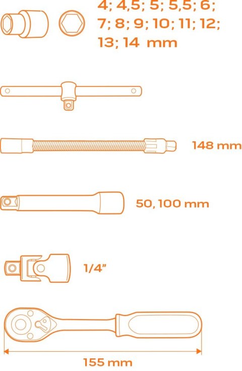 KLUCZE NASADOWE 1/4", ZESTAW 19 SZT., WKŁADKA KLUCZE NASADOWE 1/4", ZESTAW 19 SZT., WKŁADKA