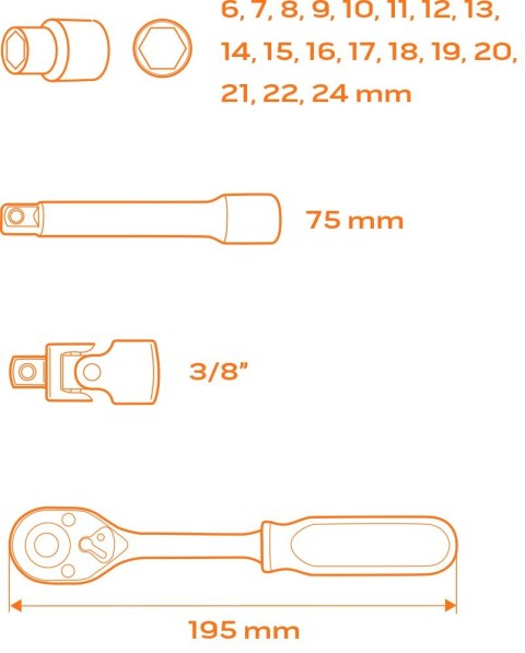 KLUCZE NASADOWE 3/8", ZESTAW 22 SZT., WKŁADKA KLUCZE NASADOWE 3/8", ZESTAW 22 SZT., WKŁADKA