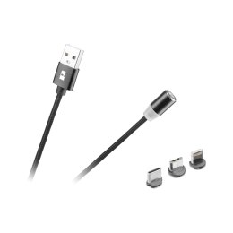 KABEL USB MAGNETYCZNY 3W1 MICROUSB, USB TY PU C, LIGHTNING 100 CM CZARNY
