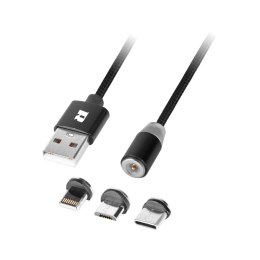 KABEL USB MAGNETYCZNY 3W1 MICROUSB, USB TY PU C, LIGHTNING 100 CM CZARNY