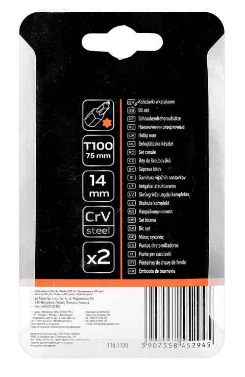 KOŃCÓWKA TORX T100 x 75 MM, S2 x 2 SZT. KOŃCÓWKA TORX T100 x 75 MM, S2 x 2 SZT.