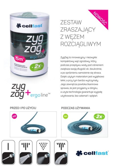 ZESTAW Z WĘŻEM ROZCIĄGLIWYM 7,5M CELLFAST ZYGZAG ZESTAW Z WĘŻEM ROZCIĄGLIWYM 7,5M CELLFAST ZYGZAG