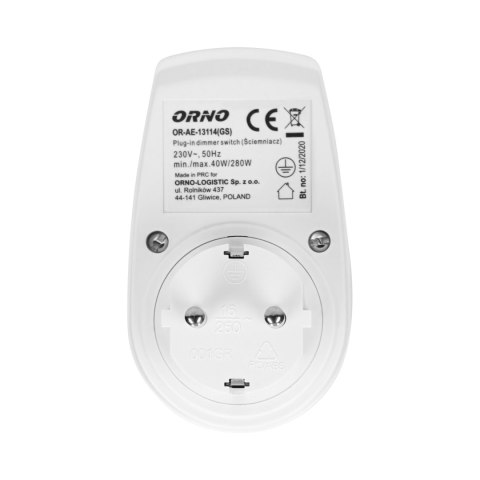 ŚCIEMNIACZ Z DODATKOWYM GNIAZDEM SIECIOWYM 2P+Z (SCHUKO), MAx.280W ŚCIEMNIACZ Z DODATKOWYM GNIAZDEM SIECIOWYM 2P+Z (SCHUKO), MAx.280W