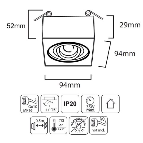 LAM PA, OCZKO, O PRAWA SUFITOWA MACLEAN, DLA ŹRÓDEŁ ŚWIATŁA MR16/GU10, KOLOR BIAŁY, 94x94x32MM, KWADRATOWA, ALU, MCE464 W LAM PA, OCZKO, O PRAWA SUFITOWA MACLEAN, DLA ŹRÓDEŁ ŚWIATŁA MR16/GU10, KOLOR BIAŁY, 94x94x32MM, KWADRATOWA, ALU, MCE464 W