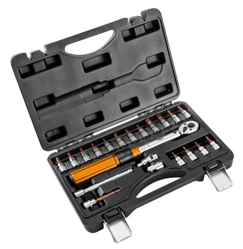 KLUCZ DYNAMOMETRYCZNY DWUKIERUNKOWY 1/4", 5-25NM, ZESTAW 21 SZT. KLUCZ DYNAMOMETRYCZNY DWUKIERUNKOWY 1/4", 5-25NM, ZESTAW 21 SZT.
