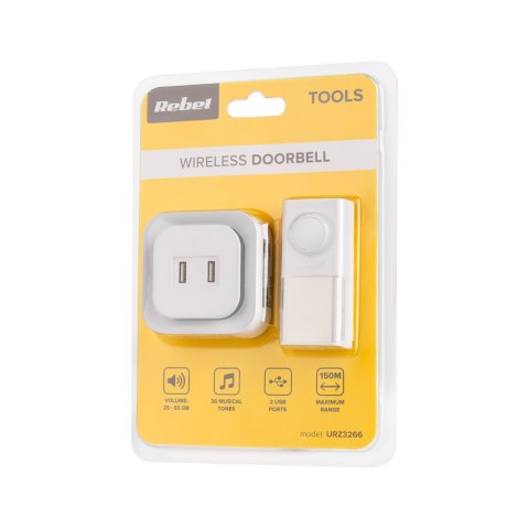 DZWONEK BEZ PRZEWODOWY DO DRZWI REBEL Z WTYCZKĄ 230V (36 MELODII, 2 GNIAZDA USB) DZWONEK BEZ PRZEWODOWY DO DRZWI REBEL Z WTYCZKĄ 230V (36 MELODII, 2 GNIAZDA USB)