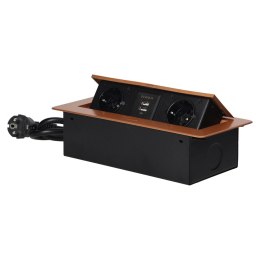 GNIAZDA MEBLOWE W PUSZCZANE W BLAT Z  PŁASKIM FREZOWANYM RANTEM, ŁADOWARKĄ USB I  PRZEWODEM 1,5M, 2x2P+Z (SCHUKO), 2xUSB, ZŁOTE