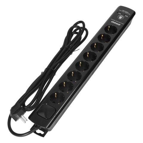 LISTWA  PRZECIW PRZE PIĘCIOWA, 8 GNIAZD 2P+Z (SCHUKO), KABEL 3x1,5MM2, 3M, Z WYŁĄCZNIKIEM  PODŚWIETLANYM DWUTOROWYM. 16A/230 VAC, OC
