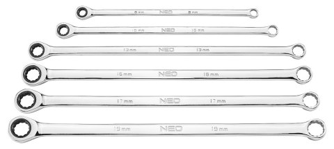 KLUCZE OCZKOWE Z GRZECHOTKĄ, DŁUGIE, ZESTAW 6 SZT., 8 - 19 MM, MIĘKKIE ETUI KLUCZE OCZKOWE Z GRZECHOTKĄ, DŁUGIE, ZESTAW 6 SZT., 8 - 19 MM, MIĘKKIE ETUI