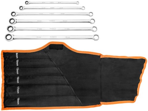 KLUCZE OCZKOWE Z GRZECHOTKĄ, DŁUGIE, ZESTAW 6 SZT., 8 - 19 MM, MIĘKKIE ETUI KLUCZE OCZKOWE Z GRZECHOTKĄ, DŁUGIE, ZESTAW 6 SZT., 8 - 19 MM, MIĘKKIE ETUI