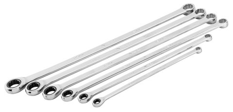 KLUCZE OCZKOWE Z GRZECHOTKĄ, DŁUGIE, ZESTAW 6 SZT., 8 - 19 MM, MIĘKKIE ETUI KLUCZE OCZKOWE Z GRZECHOTKĄ, DŁUGIE, ZESTAW 6 SZT., 8 - 19 MM, MIĘKKIE ETUI