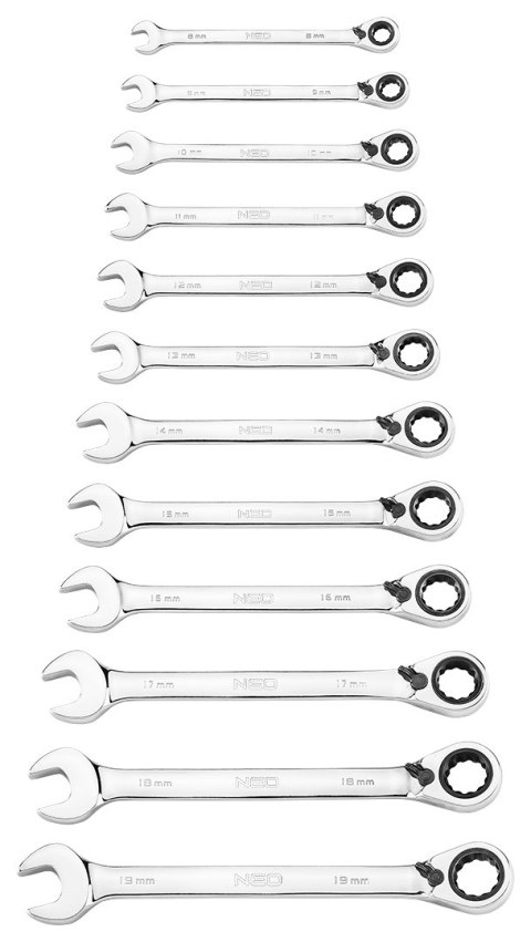 KLUCZE PŁASKO-OCZKOWE Z GRZECHOTKĄ I PRZEŁĄCZNIKIEM, ZESTAW 12 SZT., 8 - 19 MM, MIĘKKIE ETUI KLUCZE PŁASKO-OCZKOWE Z GRZECHOTKĄ I PRZEŁĄCZNIKIEM, ZESTAW 12 SZT., 8 - 19 MM, MIĘKKIE ETUI