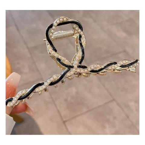 SPINKA DO WŁOSÓW KLAMRA XL ZŁOTA METALOWA Z CZERNIĄ I PEREŁKAMI 11CM SP233