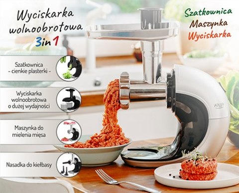 AD 4131 URZĄDZENIE KUCHENNE 3W1 - WYCISKARKA WOLNOOBROTOWA, MASZYNKA DO MIĘSA, SZATKOWNICA AD 4131 URZĄDZENIE KUCHENNE 3W1 - WYCISKARKA WOLNOOBROTOWA, MASZYNKA DO MIĘSA, SZATKOWNICA