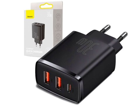 BASEUS ŁADOWARKA SIECIOWA BASEUS COM PACT QUICK CHARGER, 2xUSB, USB-C, PD, 3A, 30W (CCXJ-E01) CZARNA BASEUS ŁADOWARKA SIECIOWA BASEUS COM PACT QUICK CHARGER, 2xUSB, USB-C, PD, 3A, 30W (CCXJ-E01) CZARNA