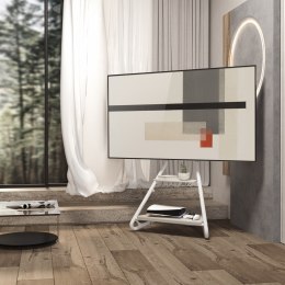 UCHWYT WOLNOSTOJĄCY  POD TV / NAROŻNY MACLEAN, W STYLU BAUHAUS, DWU POZIOMOWE DREWNIANE  PÓŁKI, 40KG MAx, 37-75'', MC-455