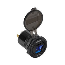 ŁADOWARKA SAMOCHODOWA USB+USB TY PU C Z FUNKCJĄ QUICK CHARGE, POWER DELIVERY I MIERNIKIEM NA PIĘCIA 63W