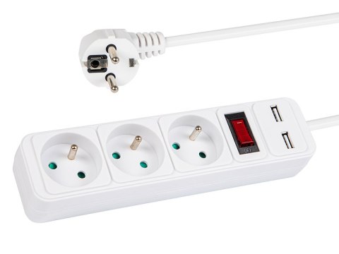 98-080# PRZEDŁUŻACZ SIECIOWY  PR-370WS P/USB 3-GNIAZDA+USB Z UZIEMIENIEM+WYŁĄCZNIK 1,5M BIAŁY 3x1,5MM