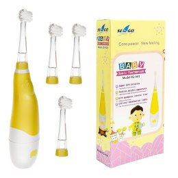 SZCZOTECZKA SONICZNA DLA DZIECI SEAGO, KOLOR ŻÓŁTY, 1xAAA 1,5V (BRAK W ZESTAWIE), 4 KOŃCÓWKI, SG-902 YELLOW