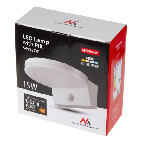 LAM PA LED Z CZUJNIKIEM RUCHU MACLEAN, CZUJNIK RUCHU PIR, KOLOR BIAŁY, 15W, IP65, 1560LM, BARWA NEUTRALNA BIAŁA (4000K) MCE344 W LAM PA LED Z CZUJNIKIEM RUCHU MACLEAN, CZUJNIK RUCHU PIR, KOLOR BIAŁY, 15W, IP65, 1560LM, BARWA NEUTRALNA BIAŁA (4000K) MCE344 W