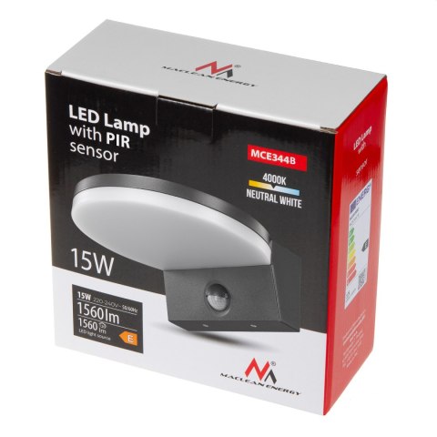 LAM PA LED Z CZUJNIKIEM RUCHU MACLEAN, CZUJNIK RUCHU PIR, KOLOR CZARNY, 15W, IP65, 1560LM, BARWA NEUTRALNA BIAŁA (4000K) MCE344 B LAM PA LED Z CZUJNIKIEM RUCHU MACLEAN, CZUJNIK RUCHU PIR, KOLOR CZARNY, 15W, IP65, 1560LM, BARWA NEUTRALNA BIAŁA (4000K) MCE344 B