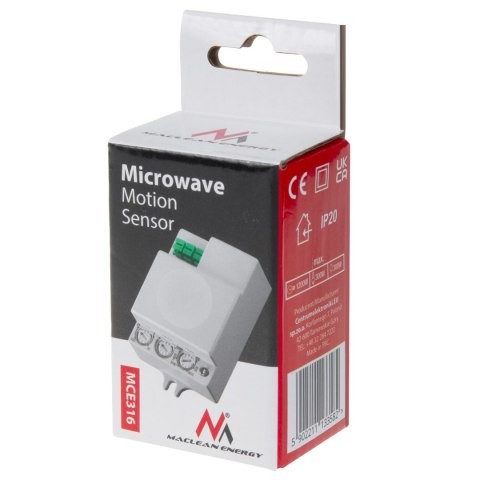 MIKROFALOWY CZUJNIK RUCHU MACLEAN, ZASIĘG 8M, MAx. OBCIĄŻENIE 1200W, IP20, 5.8 GHZ, MCE316 MIKROFALOWY CZUJNIK RUCHU MACLEAN, ZASIĘG 8M, MAx. OBCIĄŻENIE 1200W, IP20, 5.8 GHZ, MCE316