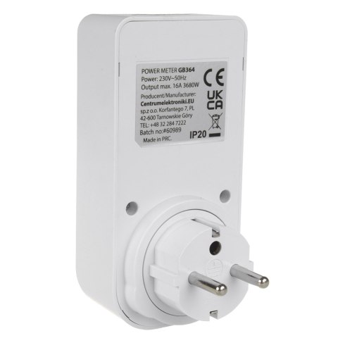MIERNIK ENERGII GREENBLUE, WATOMIERZ, TY P E, 220-240V AC, 50HZ, MAx. OBCIĄŻENIE 16A, IP20, WBUDOWANA BATERIA, GB364 E MIERNIK ENERGII GREENBLUE, WATOMIERZ, TY P E, 220-240V AC, 50HZ, MAx. OBCIĄŻENIE 16A, IP20, WBUDOWANA BATERIA, GB364 E