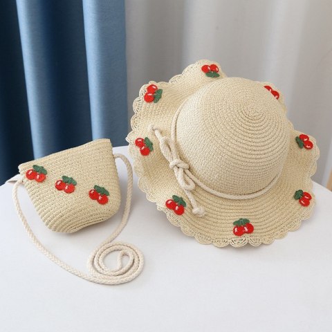 ZESTAW TOREBKA I KAPELUSZ 52CM DLA DZIEWCZYNKI SŁOMIANE WISIENKI CZ44