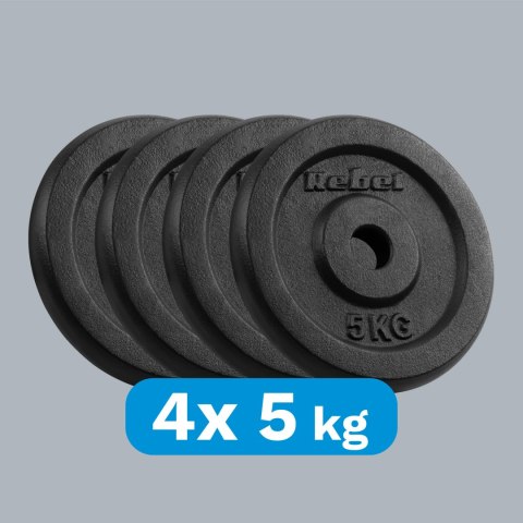 ZESTAW OBCIĄŻEŃ ŻELIWNYCH 4x5KG, OTWÓR 31MM, TALERZ KLASYCZNY, REBEL ACTIVE ZESTAW OBCIĄŻEŃ ŻELIWNYCH 4x5KG, OTWÓR 31MM, TALERZ KLASYCZNY, REBEL ACTIVE