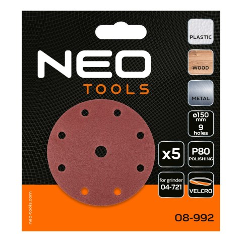 KRĄŻKI ŚCIERNE 150 MM, P80, 5 SZT., Z 9 OTWORAMI DO 04-721 KRĄŻKI ŚCIERNE 150 MM, P80, 5 SZT., Z 9 OTWORAMI DO 04-721