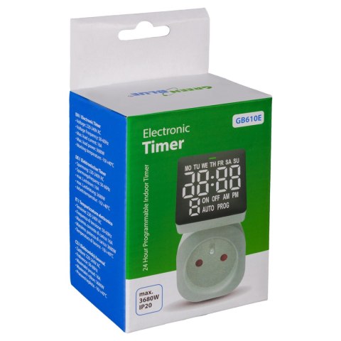 WŁĄCZNIK CZASOWY - TIMER CYFROWY GREENBLUE, MAx. OBCIĄŻENIE 16A, IP20, GB610 E WŁĄCZNIK CZASOWY - TIMER CYFROWY GREENBLUE, MAx. OBCIĄŻENIE 16A, IP20, GB610 E