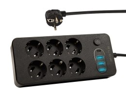 98-211# PRZEDŁUŻACZ SIECIOWY  PS-630 6-GNIAZD 3xUSB 1xUSB-C 3M CZARNY 2x1MM