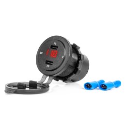ŁADOWARKA SAMOCHODOWA Z GNIAZDAMI USB I TESTEREM NA PIĘCIA WODOOD PORNA 2x USB-C 12V 24V AMIO-04225