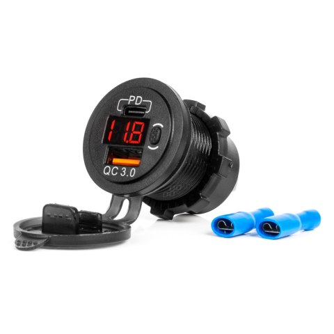 ŁADOWARKA SAMOCHODOWA Z GNIAZDAMI USB I TESTEREM NA PIĘCIA WODOOD PORNA Z WŁĄCZNIKIEM USB + USB C qC3.0 12/24V AMIO-04222 ŁADOWARKA SAMOCHODOWA Z GNIAZDAMI USB I TESTEREM NA PIĘCIA WODOOD PORNA Z WŁĄCZNIKIEM USB + USB C qC3.0 12/24V AMIO-04222