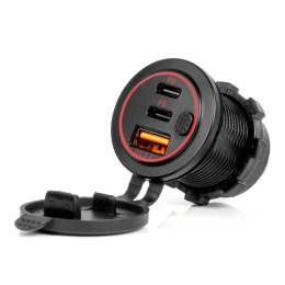 ŁADOWARKA SAMOCHODOWA Z GNIAZDAMI USB WODOOD PORNA Z WŁĄCZNIKIEM USB + 2x USB-C qC3.0 12V 24V AMIO-04227