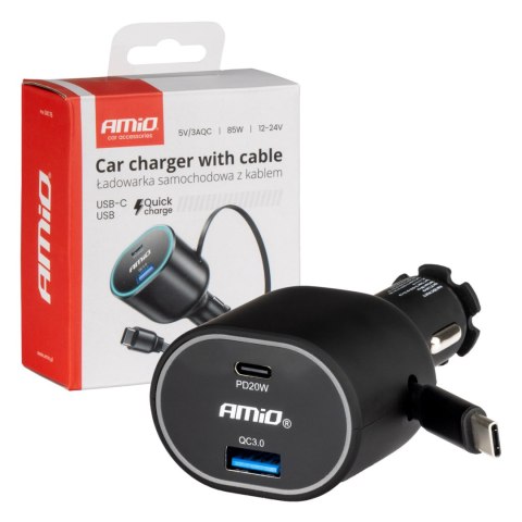 SZYBKA ŁADOWARKA SAMOCHODOWA ZE ZWIJANYM KABLEM 85W PD30W PD20W + qC3.0 USB-A USB-C AMIO-04176 SZYBKA ŁADOWARKA SAMOCHODOWA ZE ZWIJANYM KABLEM 85W PD30W PD20W + qC3.0 USB-A USB-C AMIO-04176