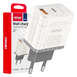 ŁADOWARKA SIECIOWA qUICK CHARGE GAN 30W USB-A + USB-C AMIO-04286