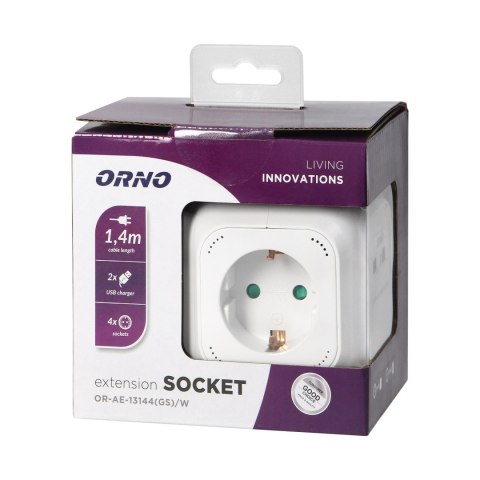 PRZEDŁUŻACZ 4 KROTNY 2P+Z (SCHUKO), ŁADOWARKA 2xUSB, 1,4M H05VV-F 3x1,5MM2, BIAŁY PRZEDŁUŻACZ 4 KROTNY 2P+Z (SCHUKO), ŁADOWARKA 2xUSB, 1,4M H05VV-F 3x1,5MM2, BIAŁY
