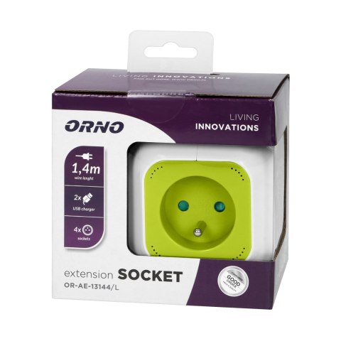 PRZEDŁUŻACZ 4-KROTNY Z ŁADOWARKĄ 2xUSB 1,4M LIMONKOWY PRZEDŁUŻACZ 4-KROTNY Z ŁADOWARKĄ 2xUSB 1,4M LIMONKOWY