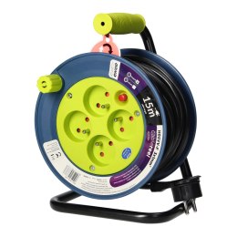 PRZEDŁUŻACZ BĘBNOWY MINI, 4 GNIAZDA 2P+Z, METALOWY STOJAK,  POLWINIT H05VV-F 3x1MM? , DŁUGOŚĆ 15M, LIMONKOWY